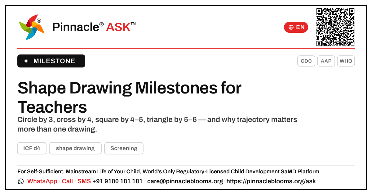 By what age is a child usually expected to shape drawing? — Pinnacle Ask answer card with a short explanation and QR link