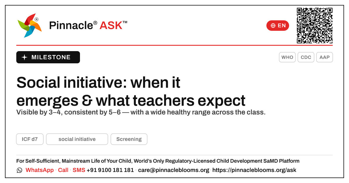By what age is social initiative expected, and what should a teacher see? — Pinnacle Ask answer card with a short explanation and QR link