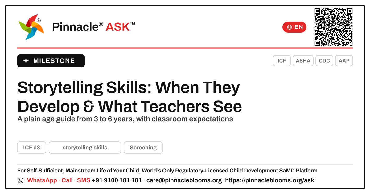 Storytelling Skills: Age Milestones for Teachers — Pinnacle Ask answer card with a short explanation and QR link