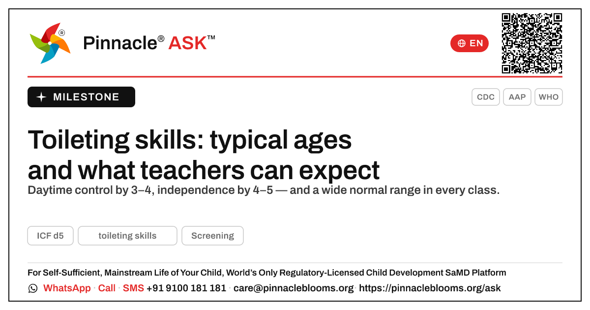 By what age are children expected to manage toileting, and what should a teacher expect? — Pinnacle Ask answer card with a short explanation and QR link