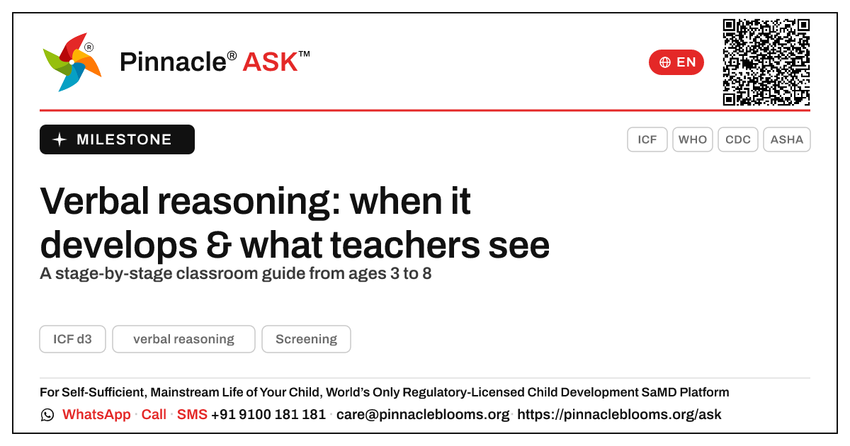 By what age does verbal reasoning develop, and what should a teacher expect? — Pinnacle Ask answer card with a short explanation and QR link
