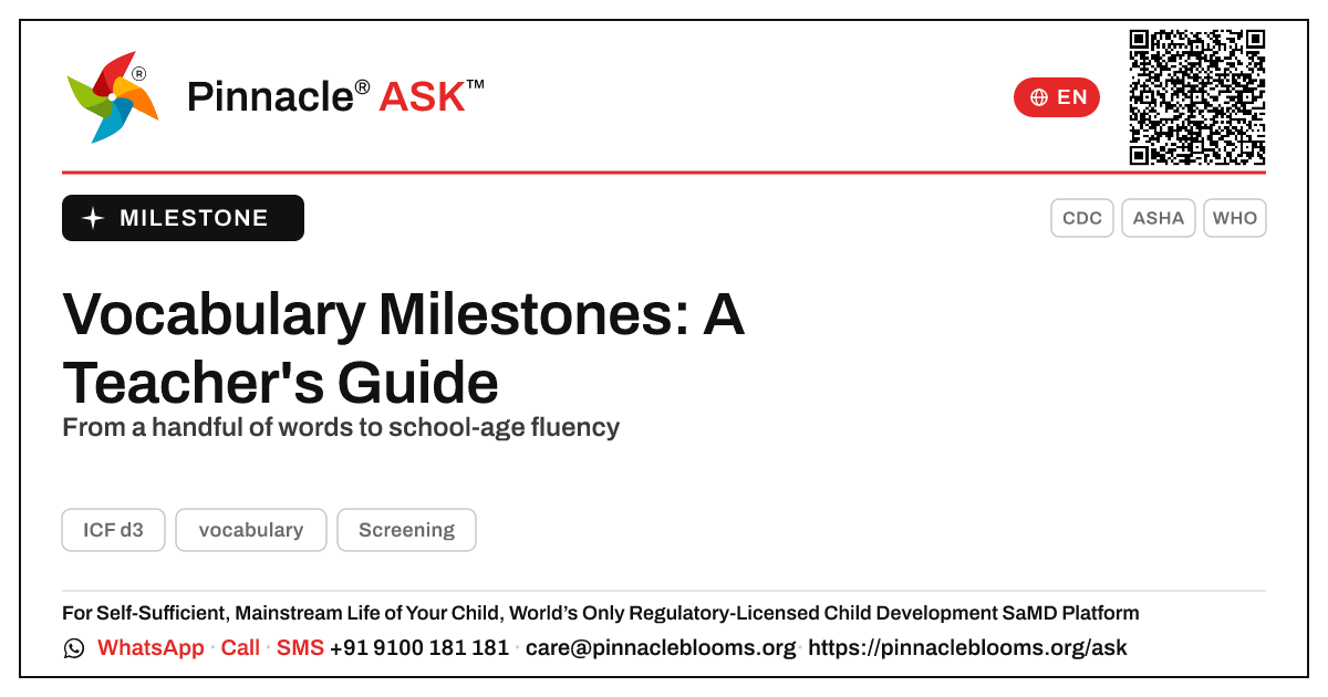 Vocabulary Milestones for Teachers — Pinnacle Ask answer card with a short explanation and QR link
