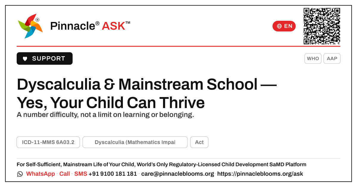 Can a Child with Dyscalculia Attend a Mainstream School? — Pinnacle Ask answer card with a short explanation and QR link