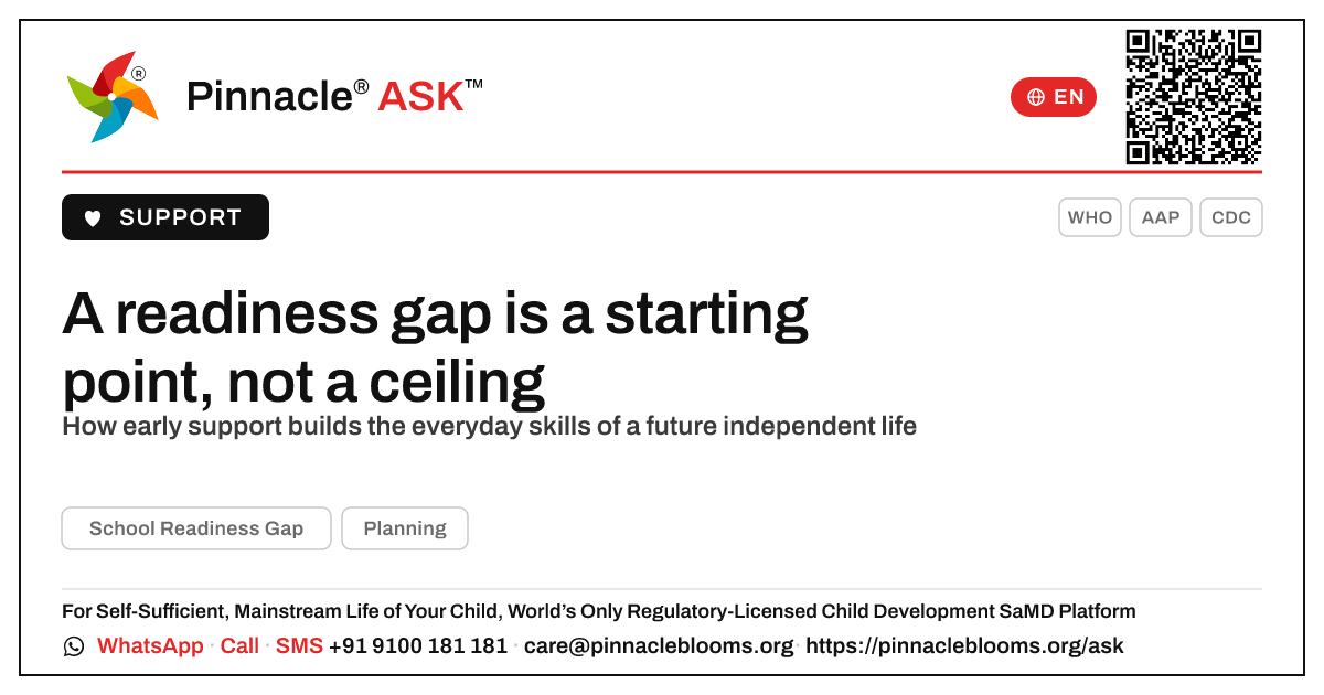Can a child with School Readiness Gap live independently? — Pinnacle Ask answer card with a short explanation and QR link