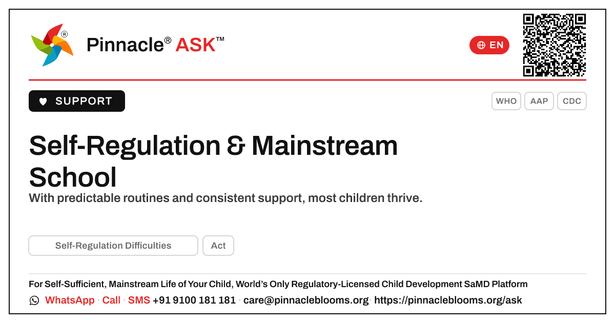 Can a child with self-regulation difficulties attend mainstream school? — Pinnacle Ask answer card with a short explanation and QR link