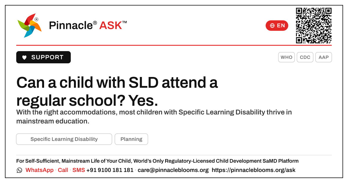 Can a child with Specific Learning Disability attend a regular school? — Pinnacle Ask answer card with a short explanation and QR link