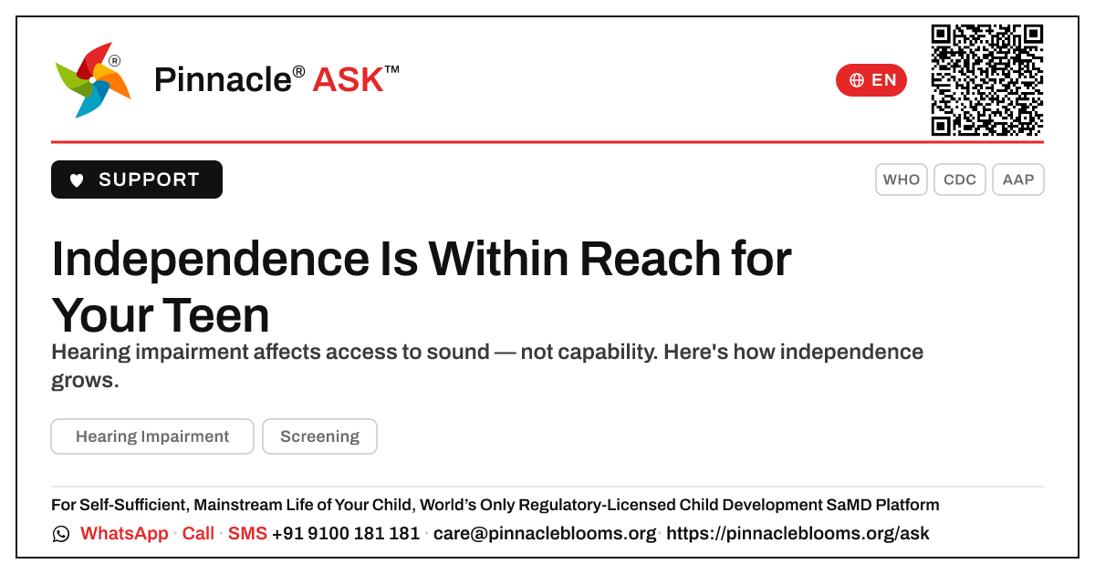 Can a Teenager with Hearing Impairment Live Independently? — Pinnacle Ask answer card with a short explanation and QR link