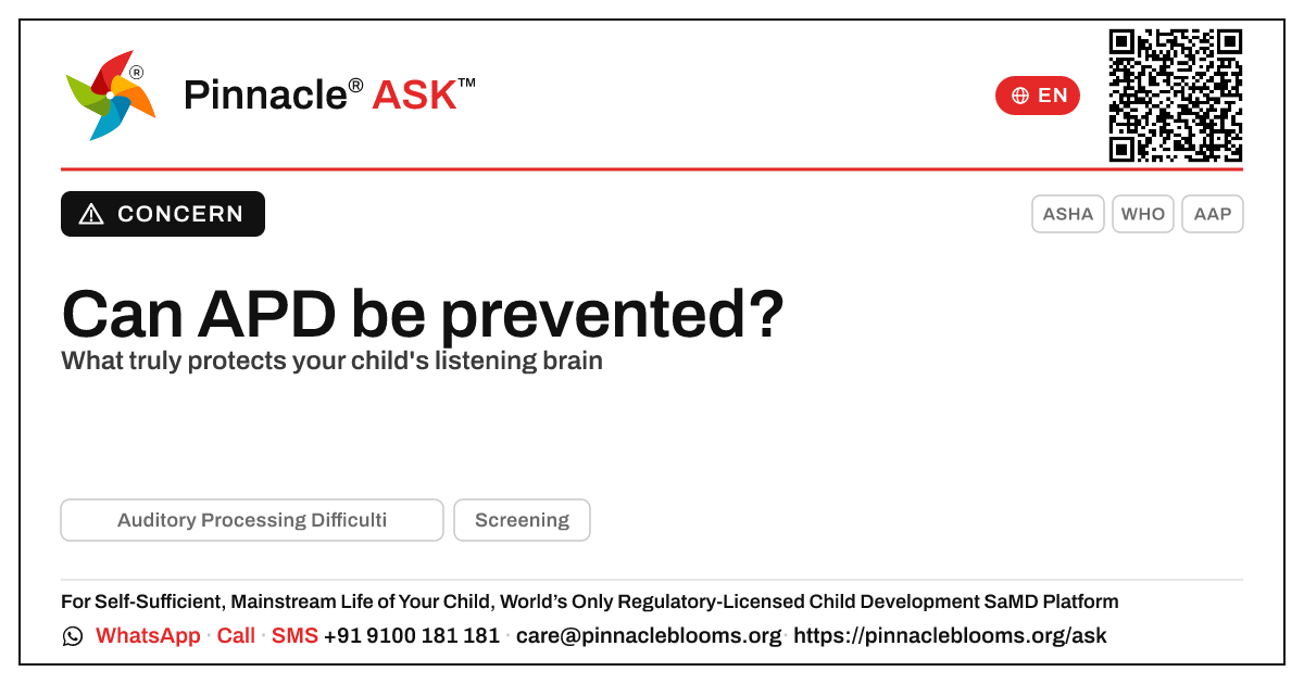Can Auditory Processing Difficulties be prevented? — Pinnacle Ask answer card with a short explanation and QR link