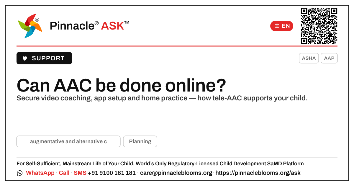 Can augmentative and alternative communication (AAC) be done online? — Pinnacle Ask answer card with a short explanation and QR link