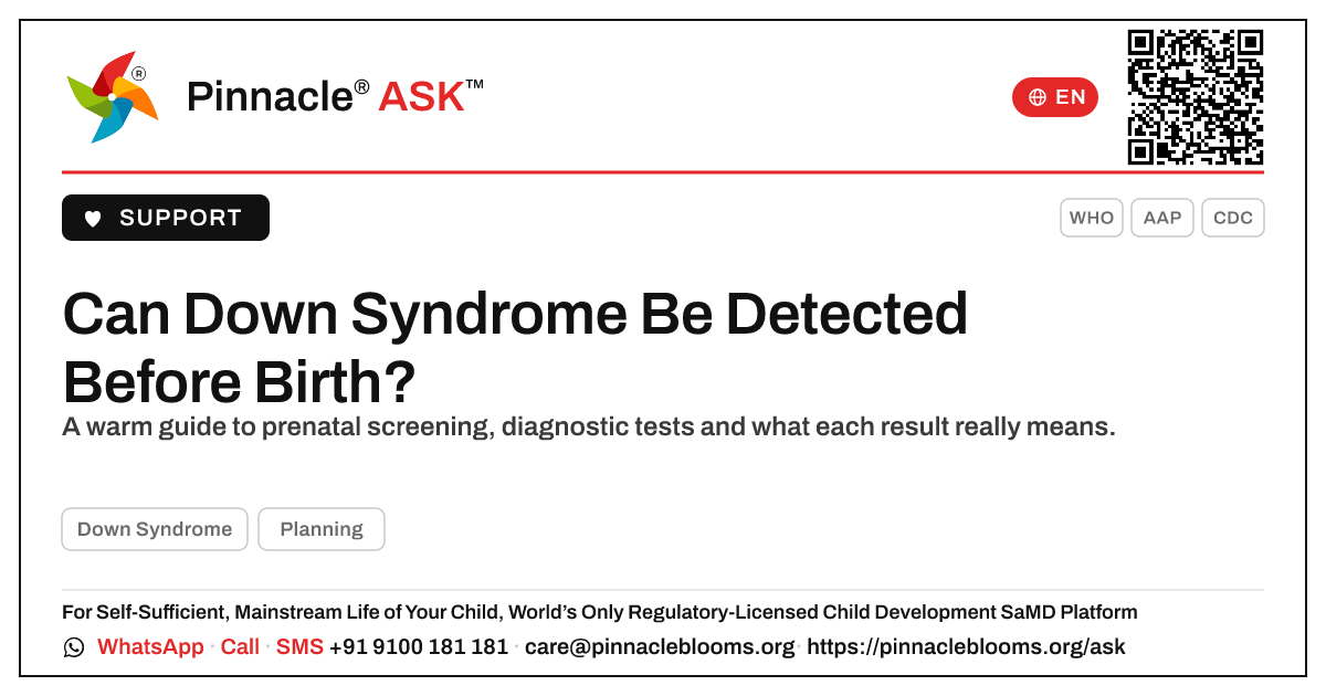 Can Down Syndrome Be Detected Before Birth? — Pinnacle Ask answer card with a short explanation and QR link