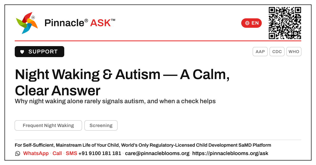 Can Frequent Night Waking Be a Sign of Autism? — Pinnacle Ask answer card with a short explanation and QR link