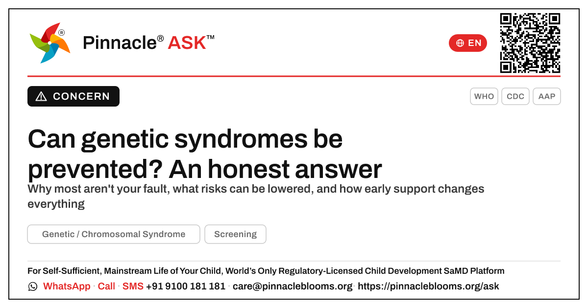Can Genetic / Chromosomal Syndromes be prevented? — Pinnacle Ask answer card with a short explanation and QR link