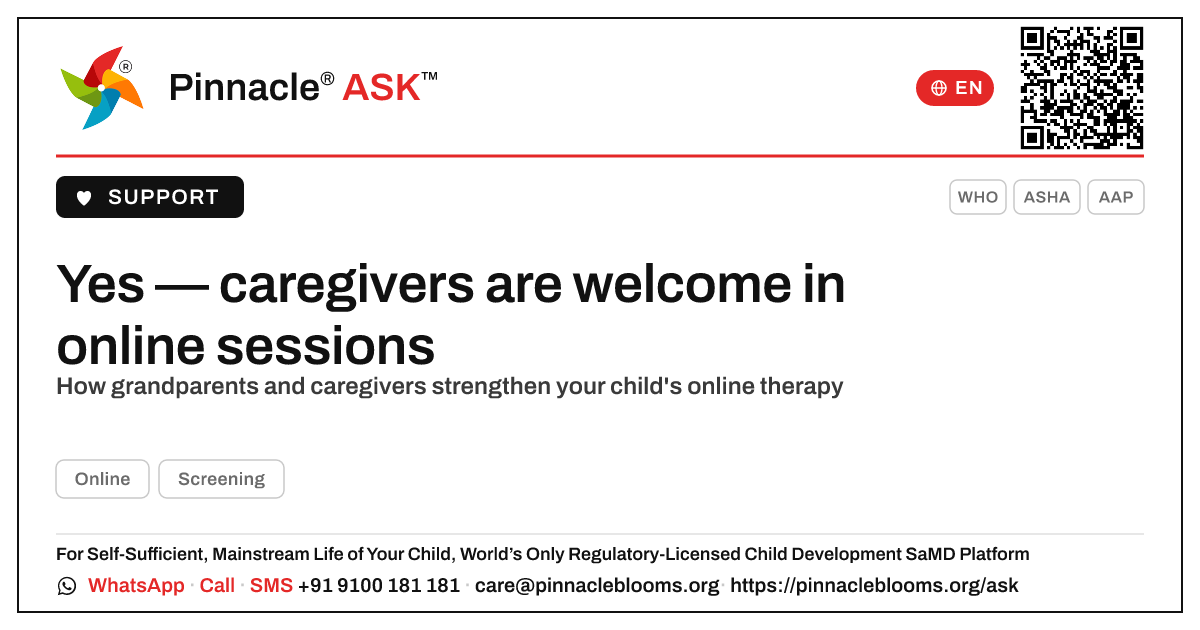 Can grandparents or caregivers join online sessions? — Pinnacle Ask answer card with a short explanation and QR link