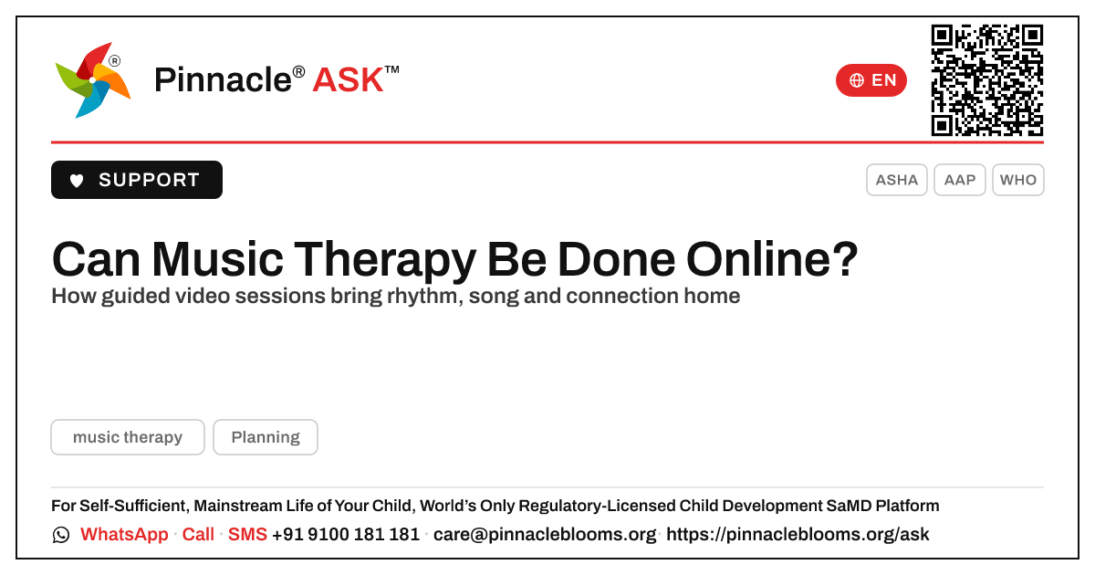 Can music therapy be done online? — Pinnacle Ask answer card with a short explanation and QR link