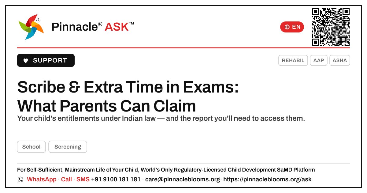 Can my child get a scribe and extra time in exams? — Pinnacle Ask answer card with a short explanation and QR link
