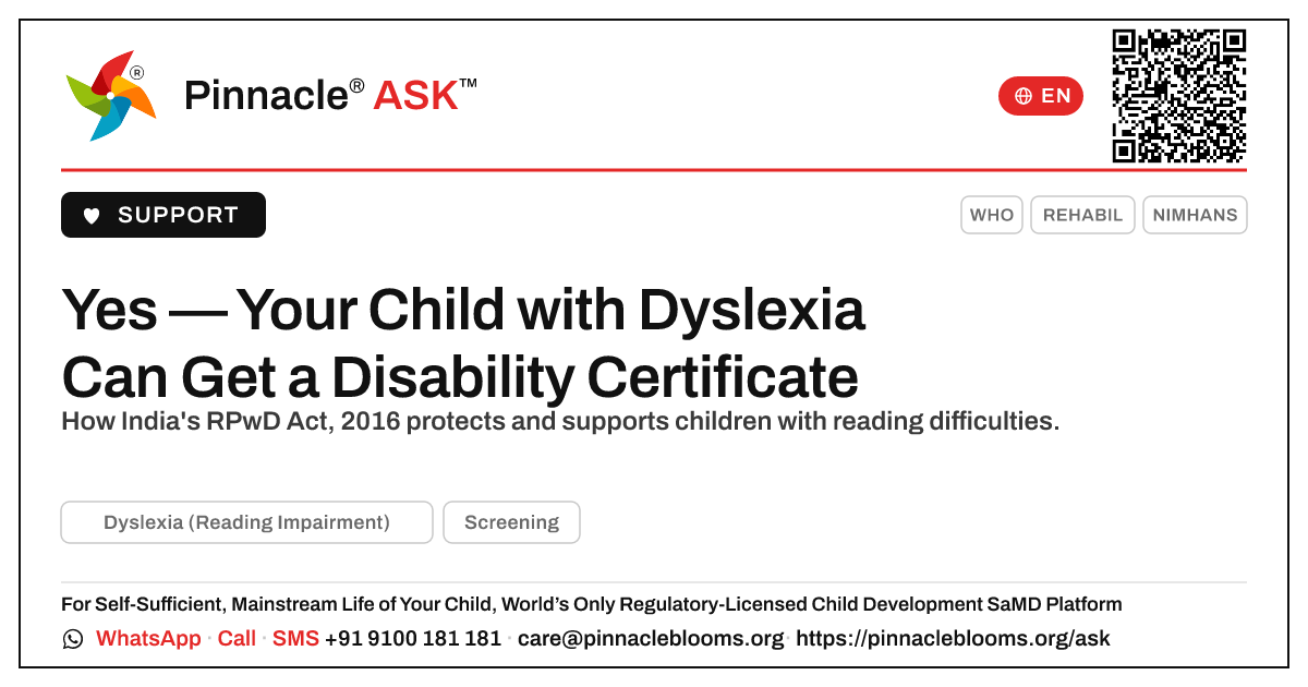 Dyslexia Disability Certificate: A Parent's Guide — Pinnacle Ask answer card with a short explanation and QR link