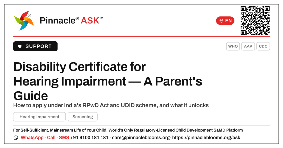 Disability Certificate for a Child with Hearing Impairment — Pinnacle Ask answer card with a short explanation and QR link