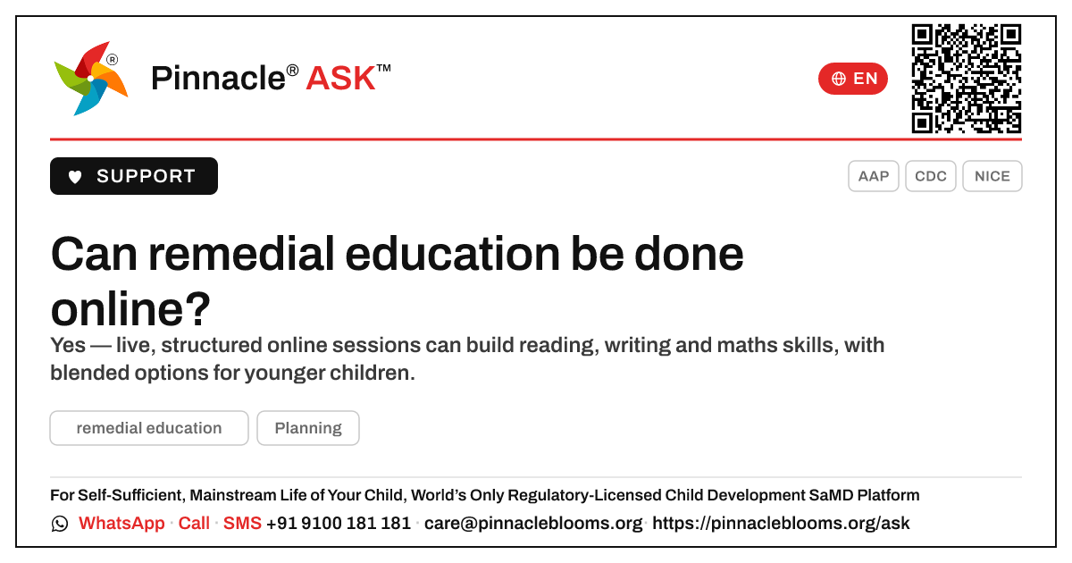 Can remedial education be done online? — Pinnacle Ask answer card with a short explanation and QR link
