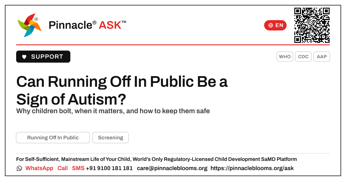 Can Running Off In Public Be a Sign of Autism? — Pinnacle Ask answer card with a short explanation and QR link