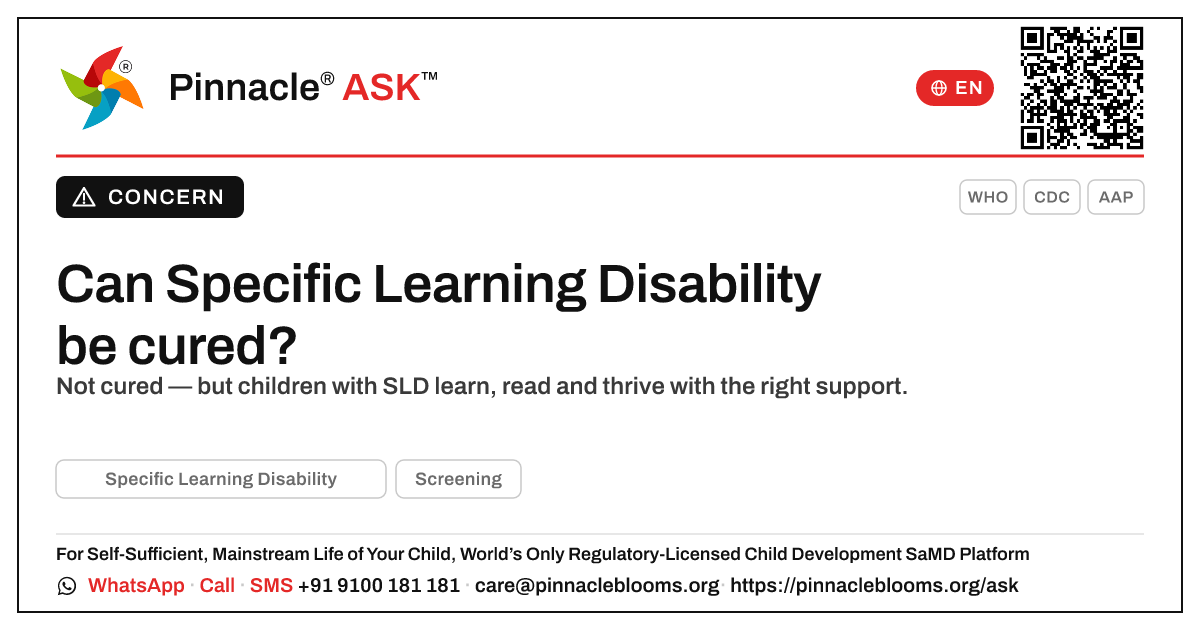 Can Specific Learning Disability be cured? — Pinnacle Ask answer card with a short explanation and QR link
