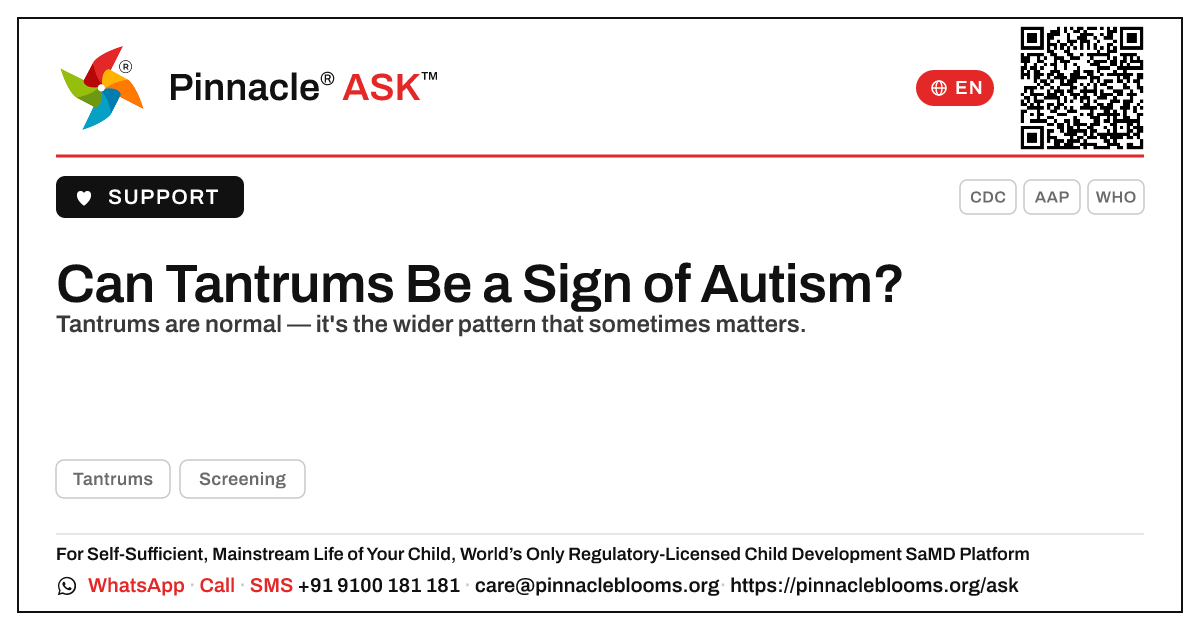 Can Tantrums Be a Sign of Autism? — Pinnacle Ask answer card with a short explanation and QR link