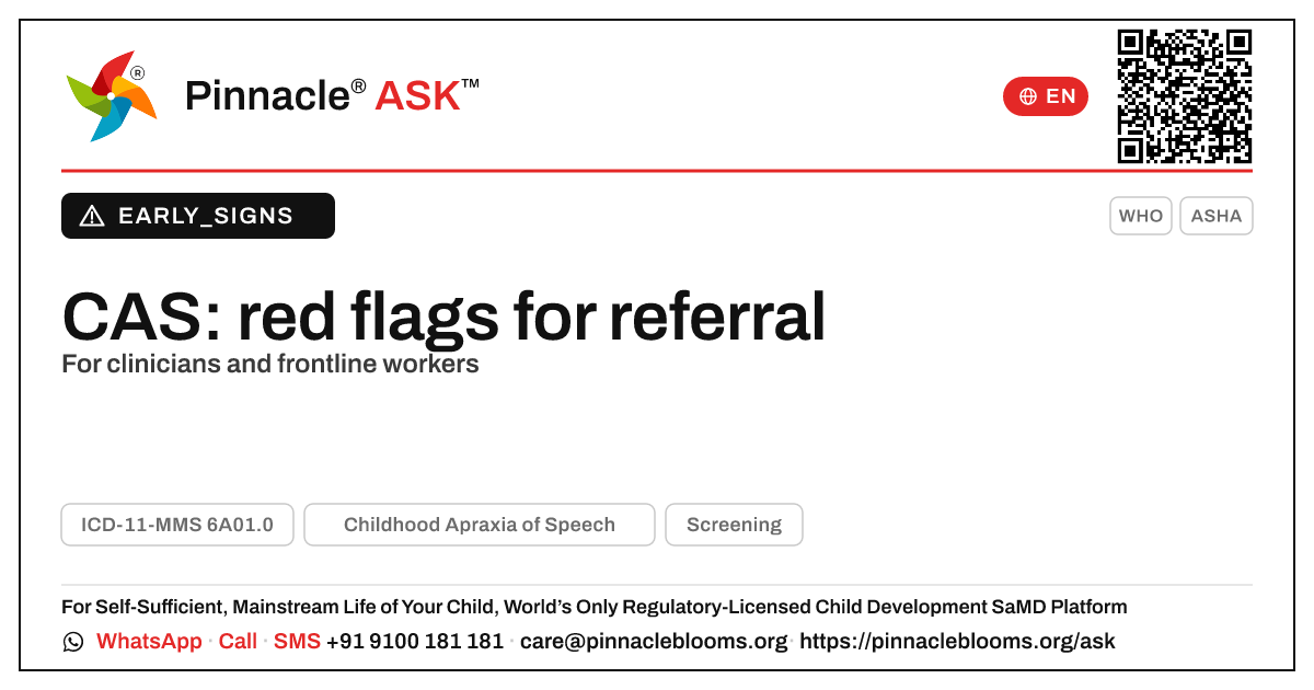 Childhood apraxia of speech: red flags for referral — Pinnacle Ask answer card with a short explanation and QR link