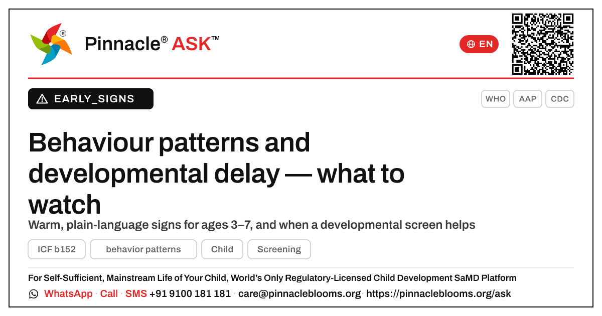 Could difficulty with behaviour patterns be a sign of a developmental delay? — Pinnacle Ask answer card with a short explanation and QR link