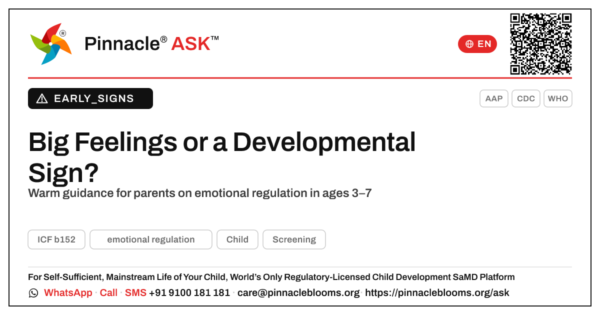 Could difficulty with emotional regulation be a sign of a developmental delay? — Pinnacle Ask answer card with a short explanation and QR link