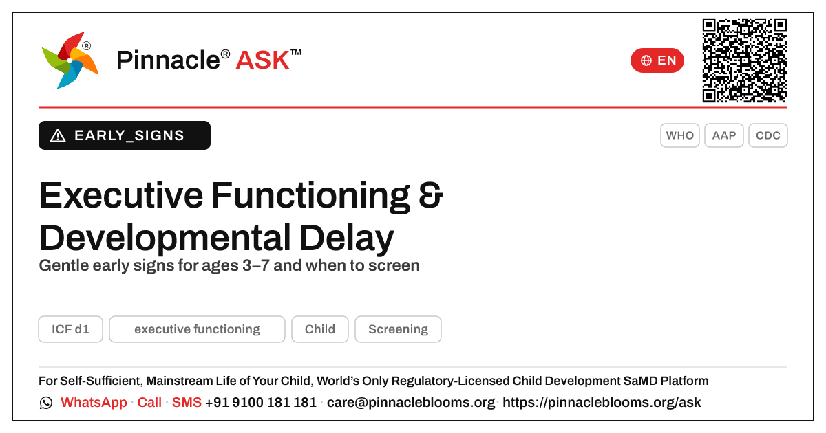 Could difficulty with executive functioning be a sign of a developmental delay? — Pinnacle Ask answer card with a short explanation and QR link