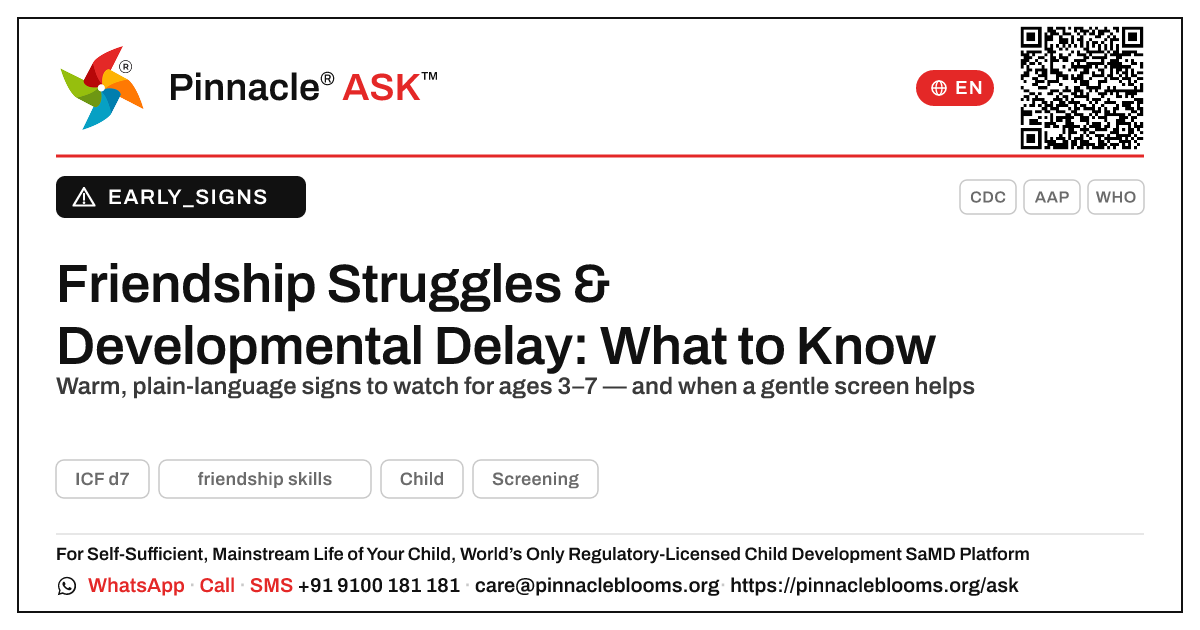 Could Difficulty With Friendship Skills Be a Sign of Developmental Delay? — Pinnacle Ask answer card with a short explanation and QR link