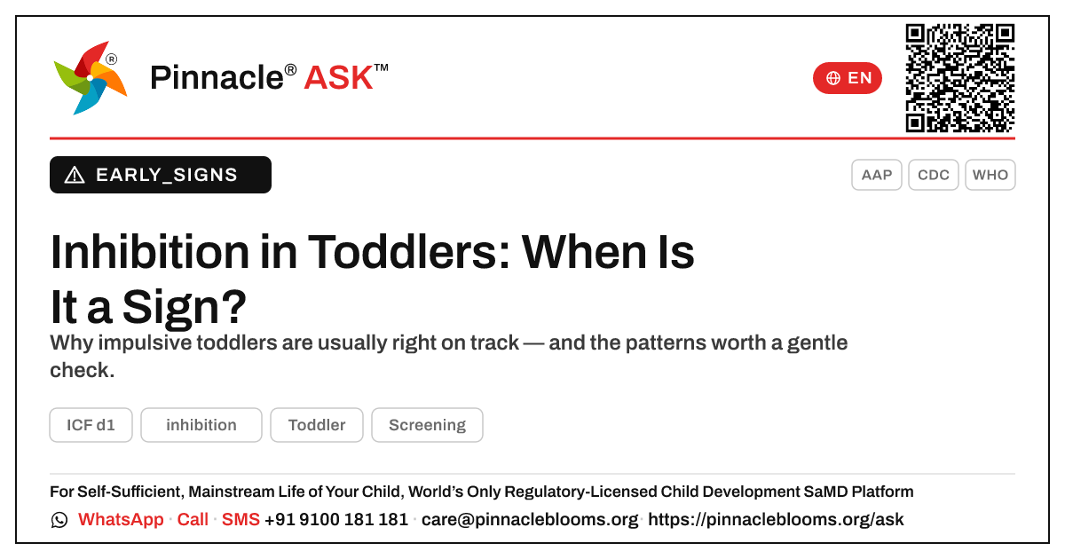 Could difficulty with inhibition be a sign of a developmental delay? — Pinnacle Ask answer card with a short explanation and QR link