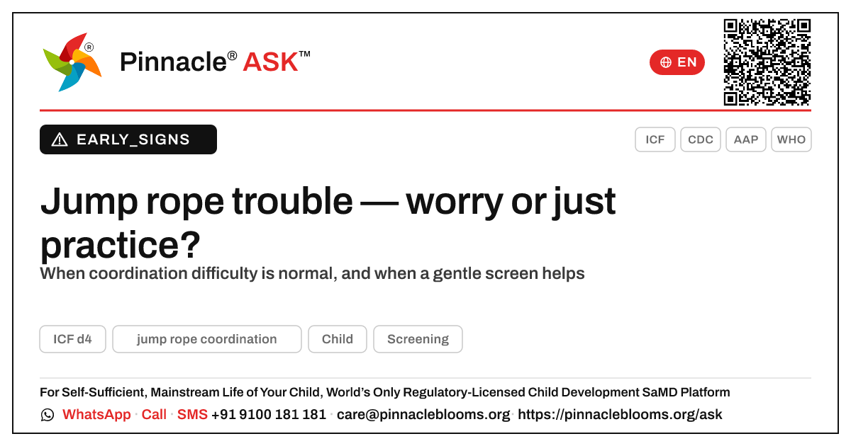 Could difficulty with jump rope coordination be a sign of a developmental delay? — Pinnacle Ask answer card with a short explanation and QR link