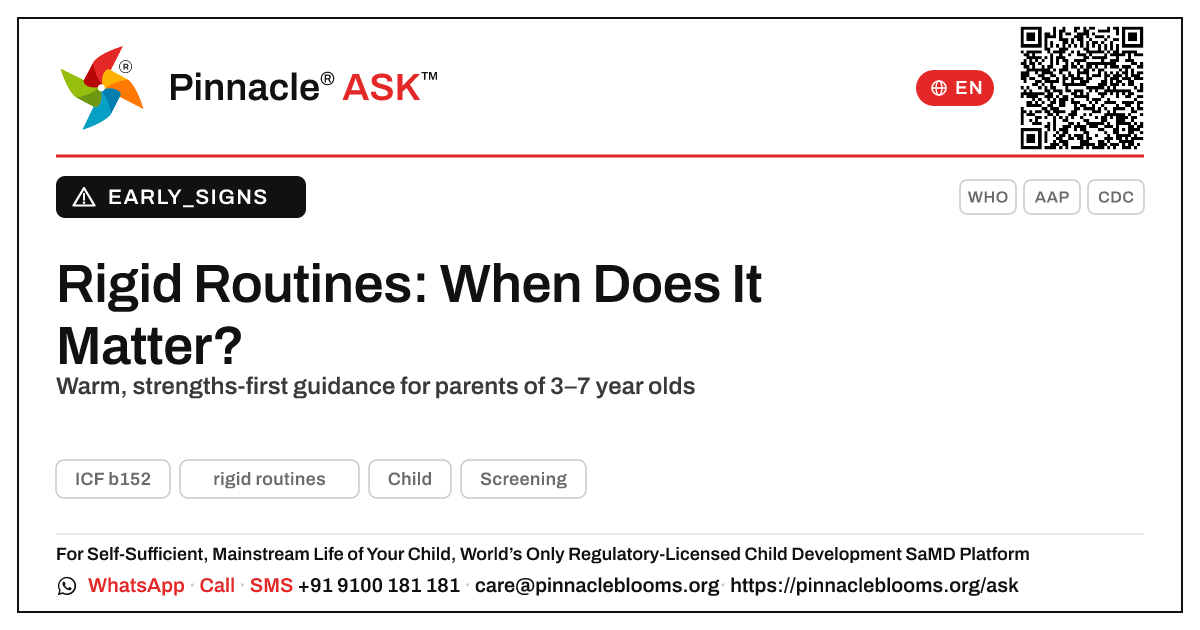Could difficulty with rigid routines be a sign of a developmental delay? — Pinnacle Ask answer card with a short explanation and QR link