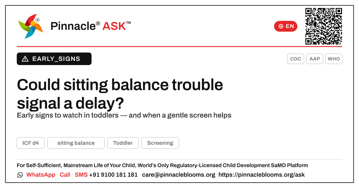 Sitting balance and developmental delay — Pinnacle Ask answer card with a short explanation and QR link