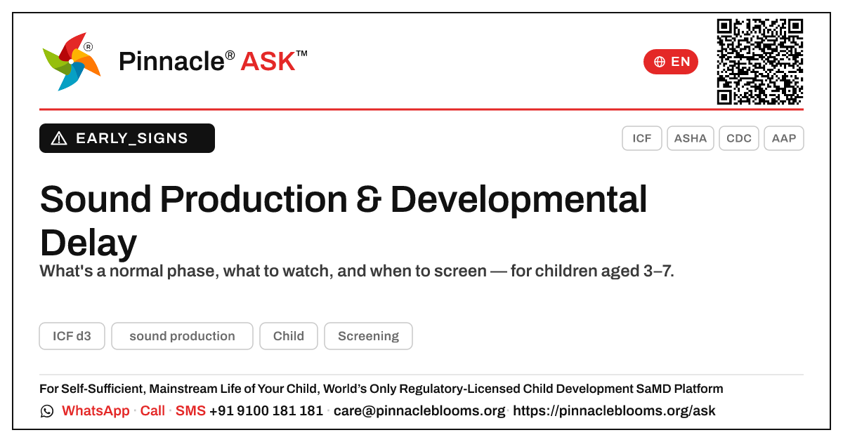 Could difficulty with sound production be a sign of a developmental delay? — Pinnacle Ask answer card with a short explanation and QR link