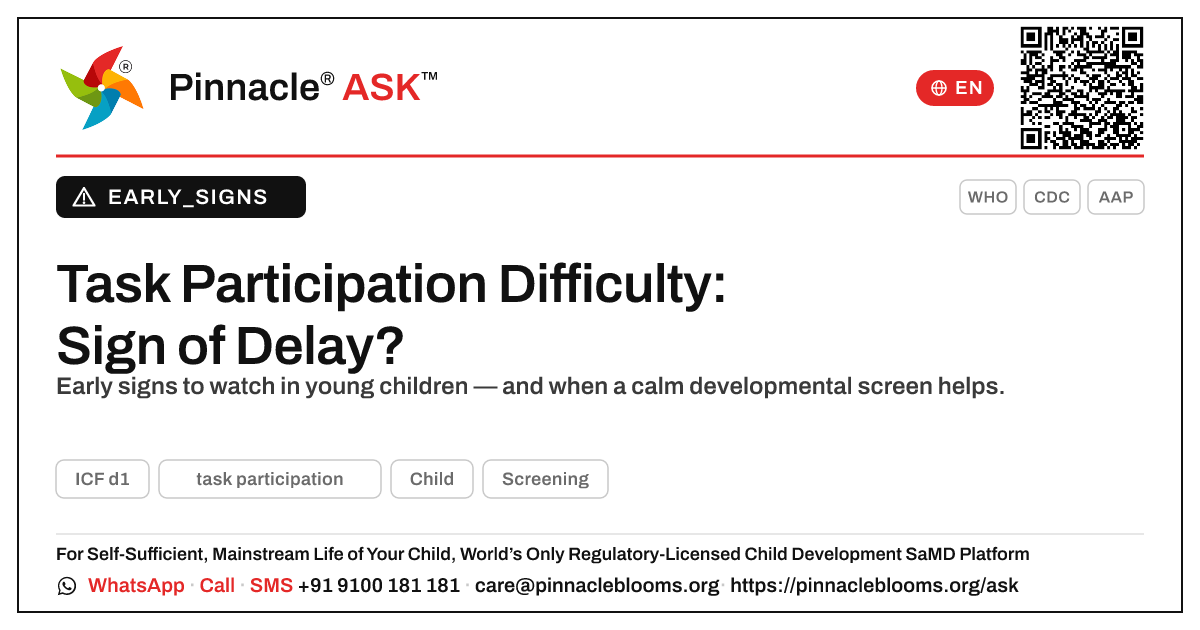 Could difficulty with task participation be a sign of a developmental delay? — Pinnacle Ask answer card with a short explanation and QR link