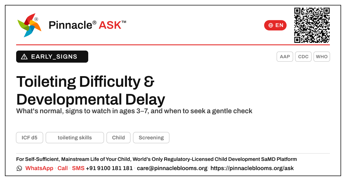 Could toileting difficulty be a sign of developmental delay? — Pinnacle Ask answer card with a short explanation and QR link