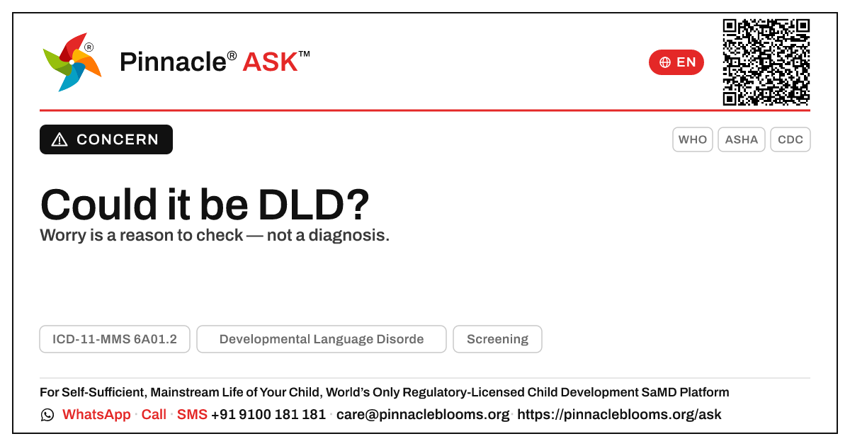 Should I be worried my child might have Developmental Language Disorder? — Pinnacle Ask answer card with a short explanation and QR link
