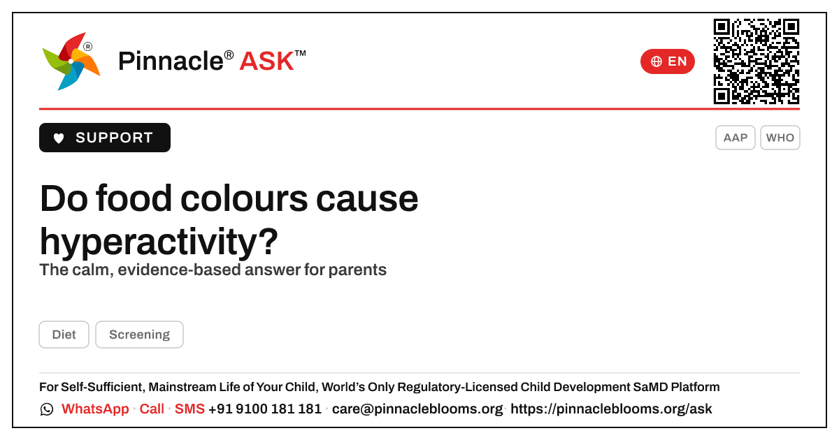 Do artificial food colours cause hyperactivity? — Pinnacle Ask answer card with a short explanation and QR link