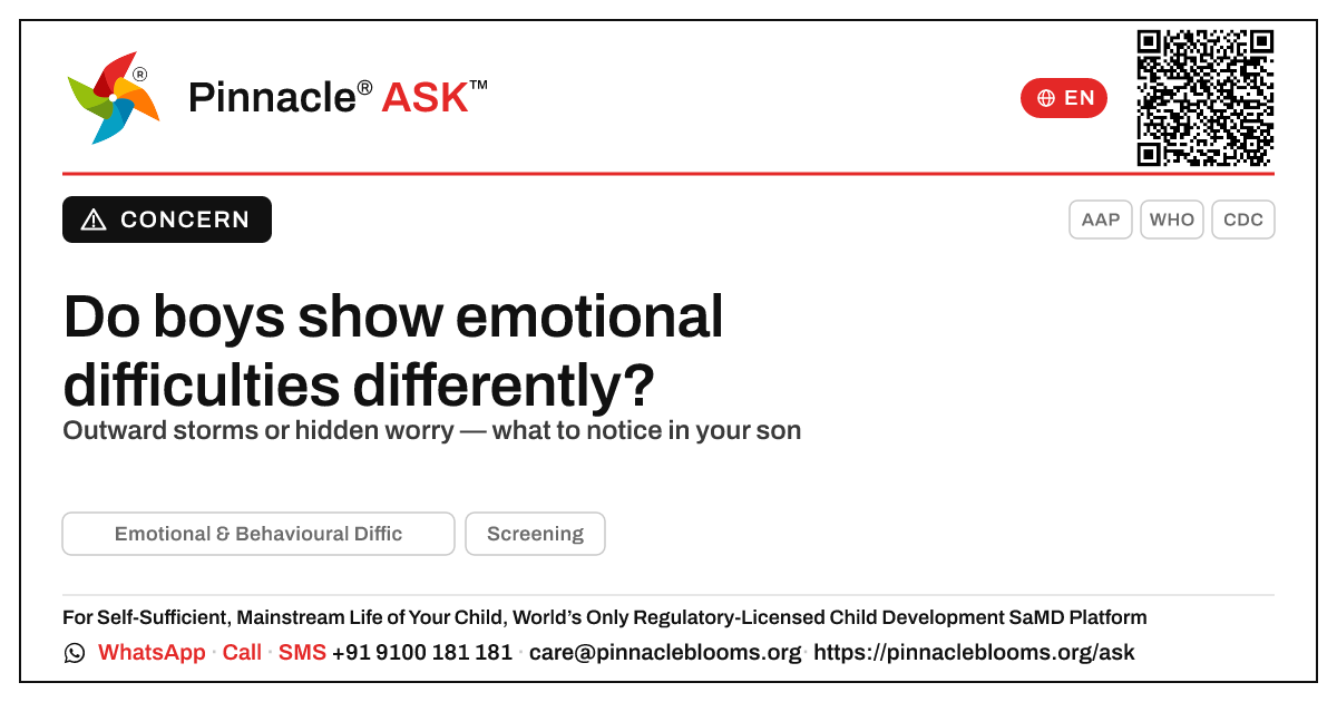 Do boys show Emotional & Behavioural Difficulties differently? — Pinnacle Ask answer card with a short explanation and QR link