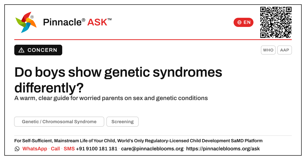 Do boys show genetic syndromes differently? — Pinnacle Ask answer card with a short explanation and QR link