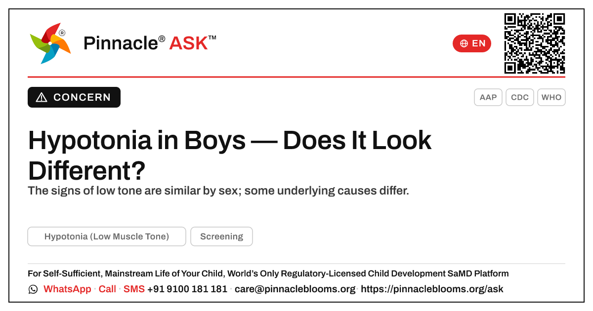 Do Boys Show Hypotonia (Low Muscle Tone) Differently? — Pinnacle Ask answer card with a short explanation and QR link