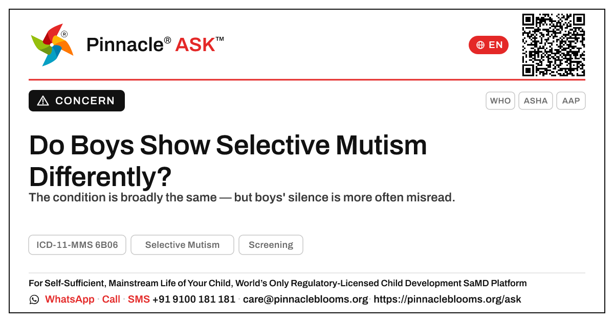 Do Boys Show Selective Mutism Differently? — Pinnacle Ask answer card with a short explanation and QR link