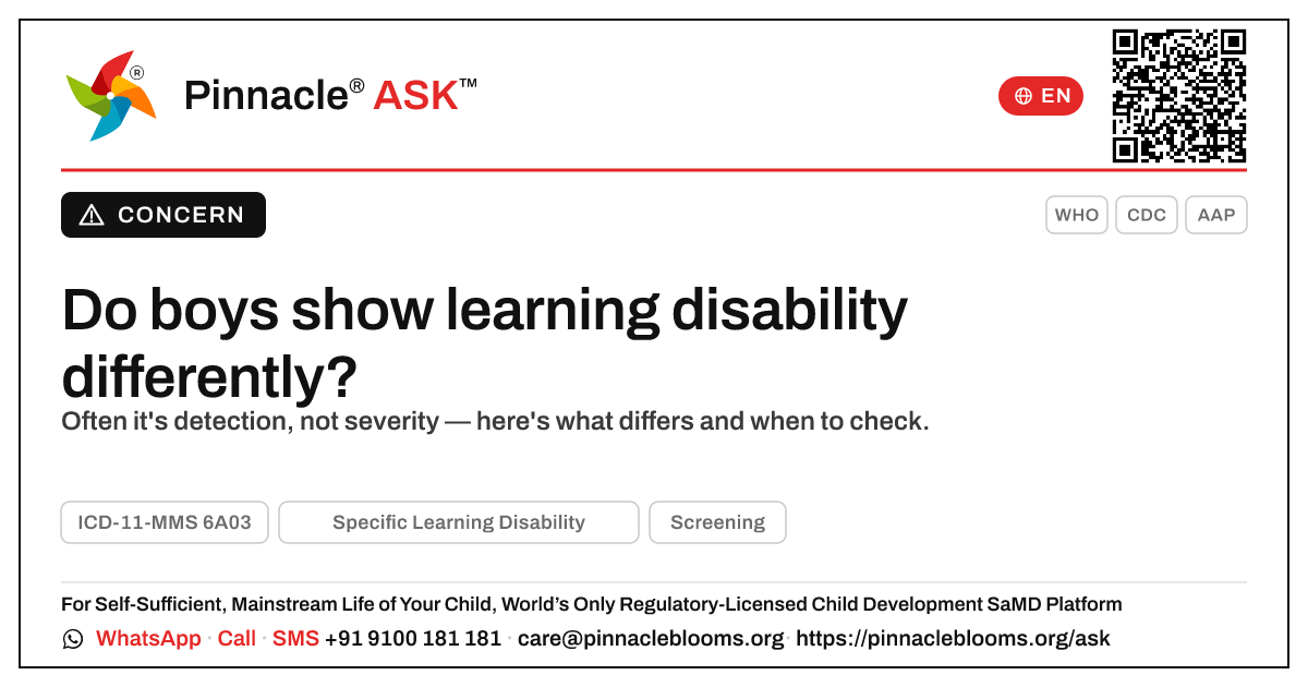 Do boys show Specific Learning Disability differently? — Pinnacle Ask answer card with a short explanation and QR link