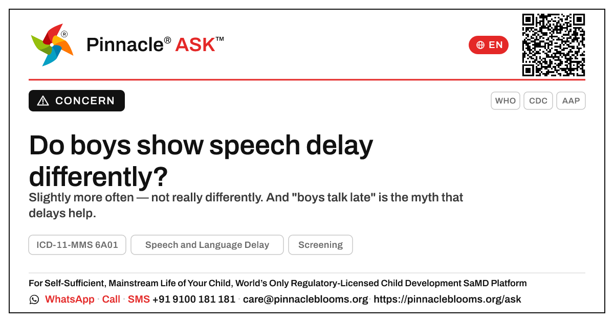 Do boys show Speech and Language Delay differently? — Pinnacle Ask answer card with a short explanation and QR link