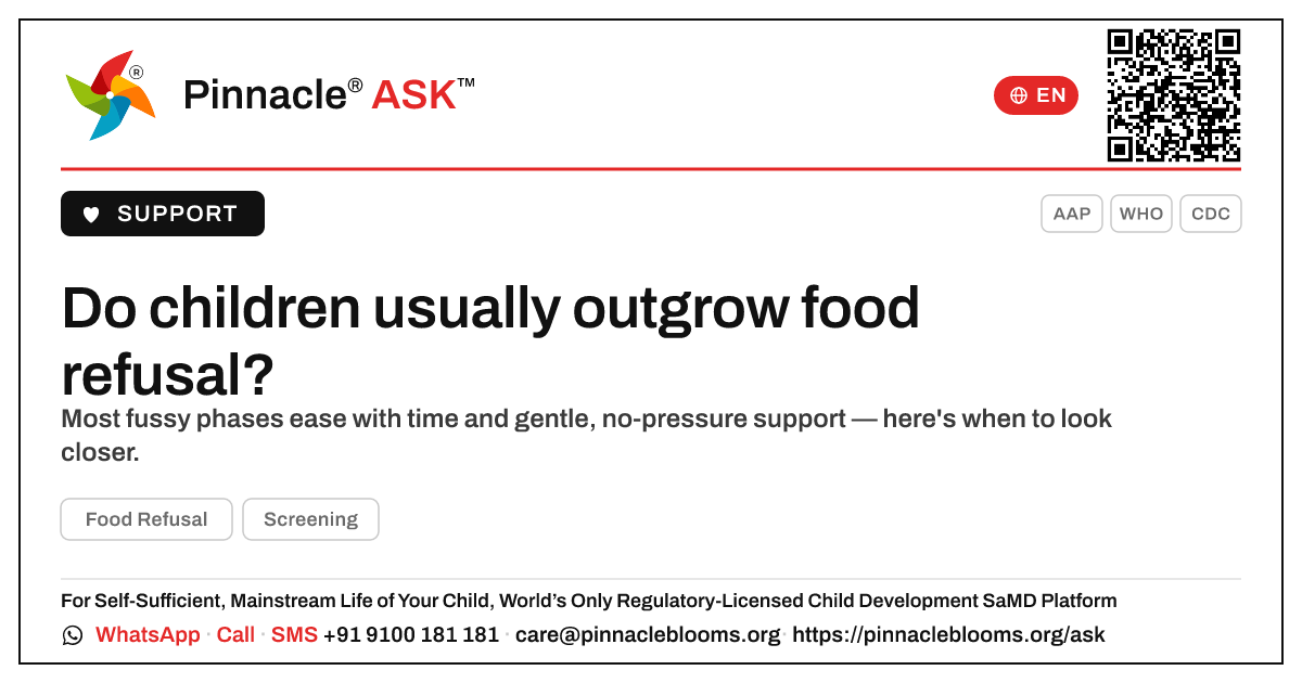 Do children usually outgrow food refusal? — Pinnacle Ask answer card with a short explanation and QR link