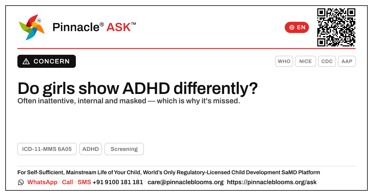 Do girls show ADHD differently? — Pinnacle Ask answer card with a short explanation and QR link