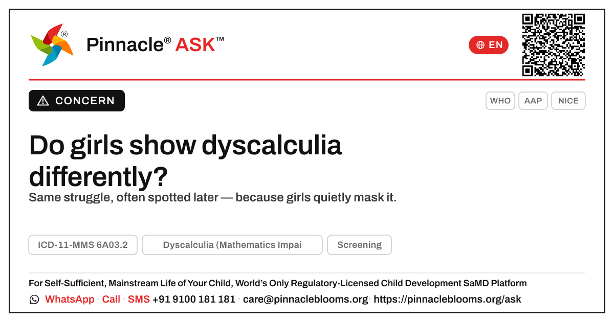 Do girls show dyscalculia differently? — Pinnacle Ask answer card with a short explanation and QR link
