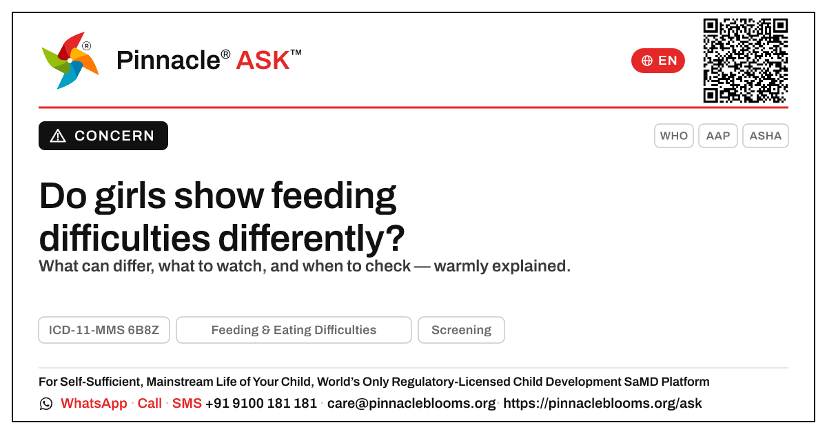 Do girls show feeding and eating difficulties differently? — Pinnacle Ask answer card with a short explanation and QR link