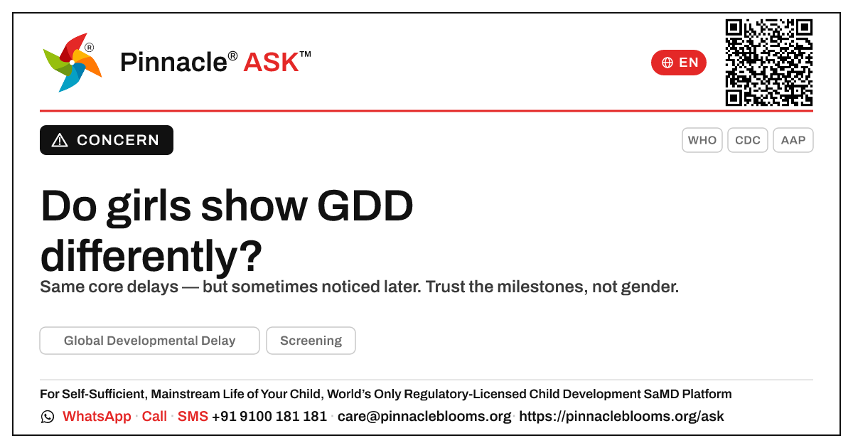 Do girls show Global Developmental Delay differently? — Pinnacle Ask answer card with a short explanation and QR link